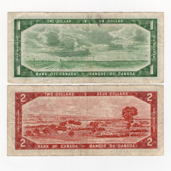 1954 Canada One 1 and Two 2 Dollar Banknote Bills Queen Elizabeth II - Picture 2 of 2